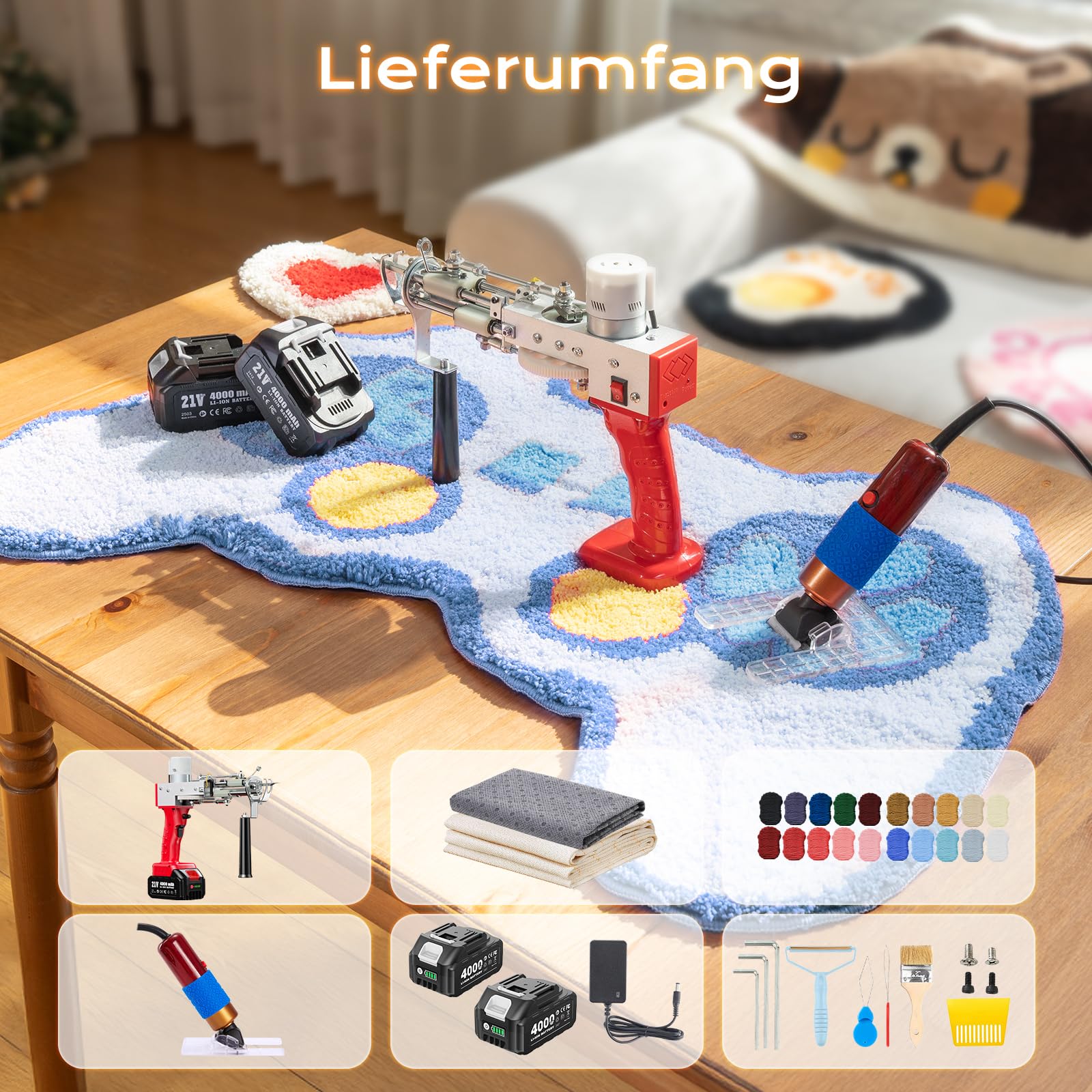 BESGEER Akku-Teppich-Tufting-Pistole mit Teppichschneide-Set, Tufting Gun Starter Kit inkl. 2 Stück 4,0Ah Batterien, 2-in-1-Tufting Kit Complete für Schnitt- und Schlingflor