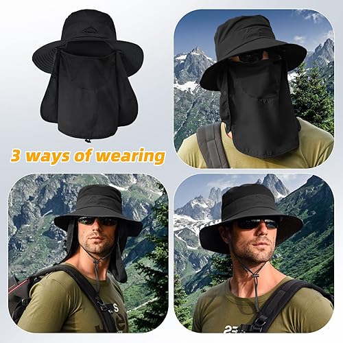 Miniatura 9 de Sombrero de pesca para hombre, sombrero de protección solar con malla extraíble, cubierta de solapa para el cuello, correa resistente al viento para
