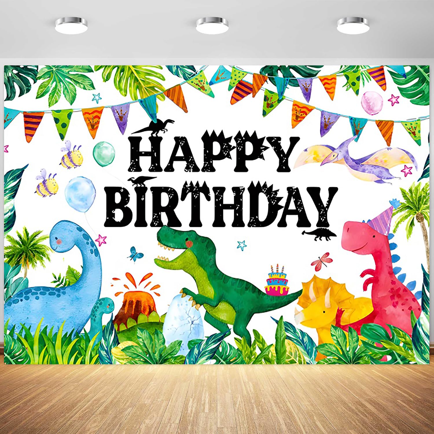 7x5ft Dinosaur Happy Birthday Backdrop Cartoon Dinosaur Theme Watercolor Jungle Plant Photography Background Kids Boys Birthday Party Banner