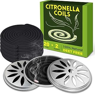 LASENTEUR Citronella Incense Coils with 2 Metal Trays, DEET-Free, Natural Lemongrass Incense 20 Pack for Indoor & Outdoor Use, Patio, Garden, Camping, Travel