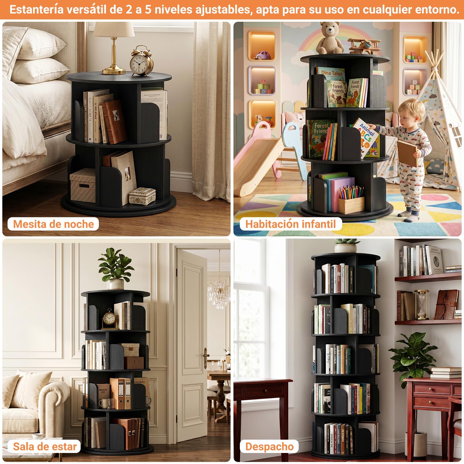 Homieasy Estantería Giratoria 5 Niveles, 360 Grados, Negro | 162x40cm, Torre de Libros con 20 Compartimentos, Ahorro Espacio, Salón, Oficina y Estudio, MDF