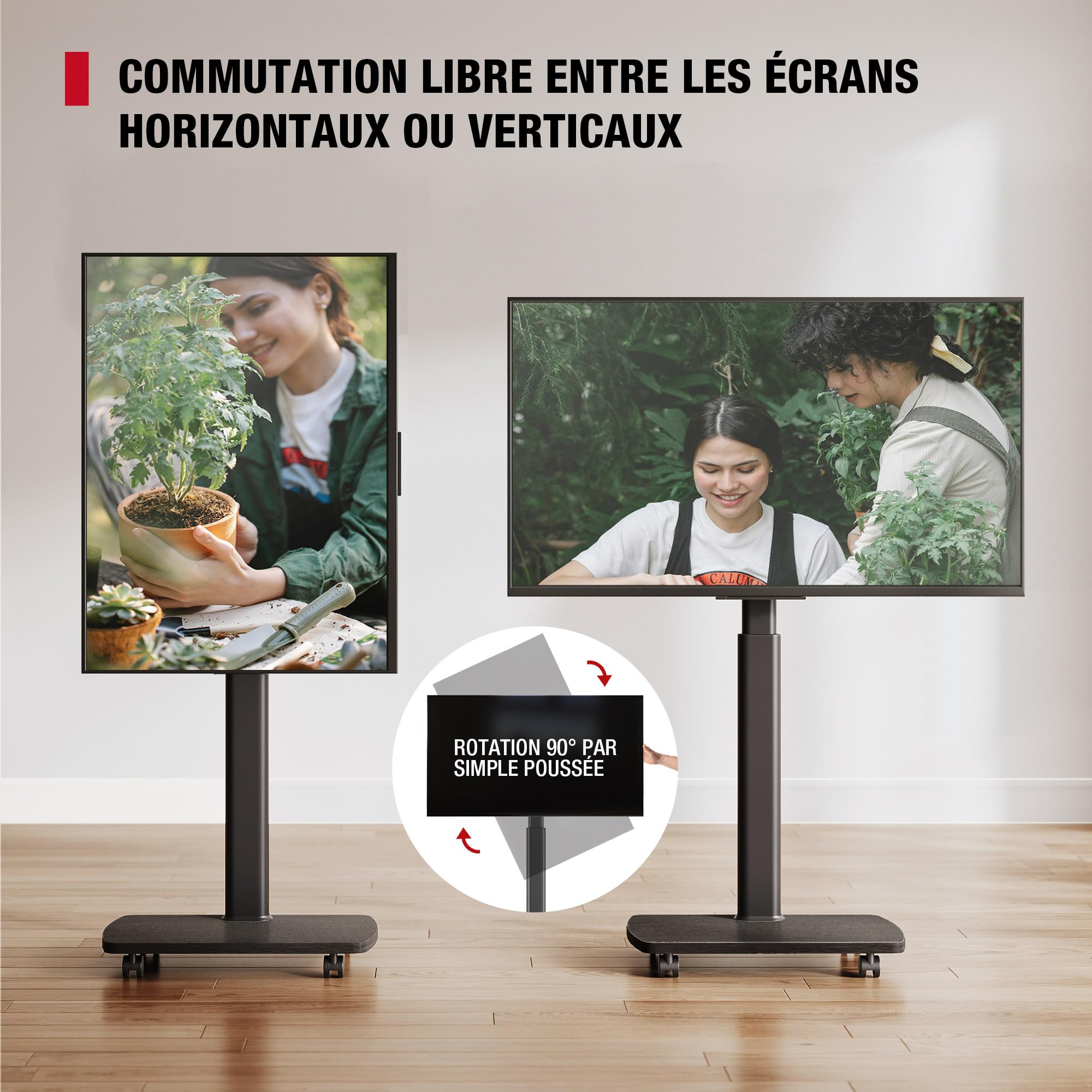 AOKCOS Support TV roulettes avec Base en Bois pour TV de 32-65 Pouces Horizontal et Vertical-Support TV sur Pied Plus Haut 1306-1626 MM Inclinaison 12° jusqu'à 35 KG Max. VESA 400x400mm
