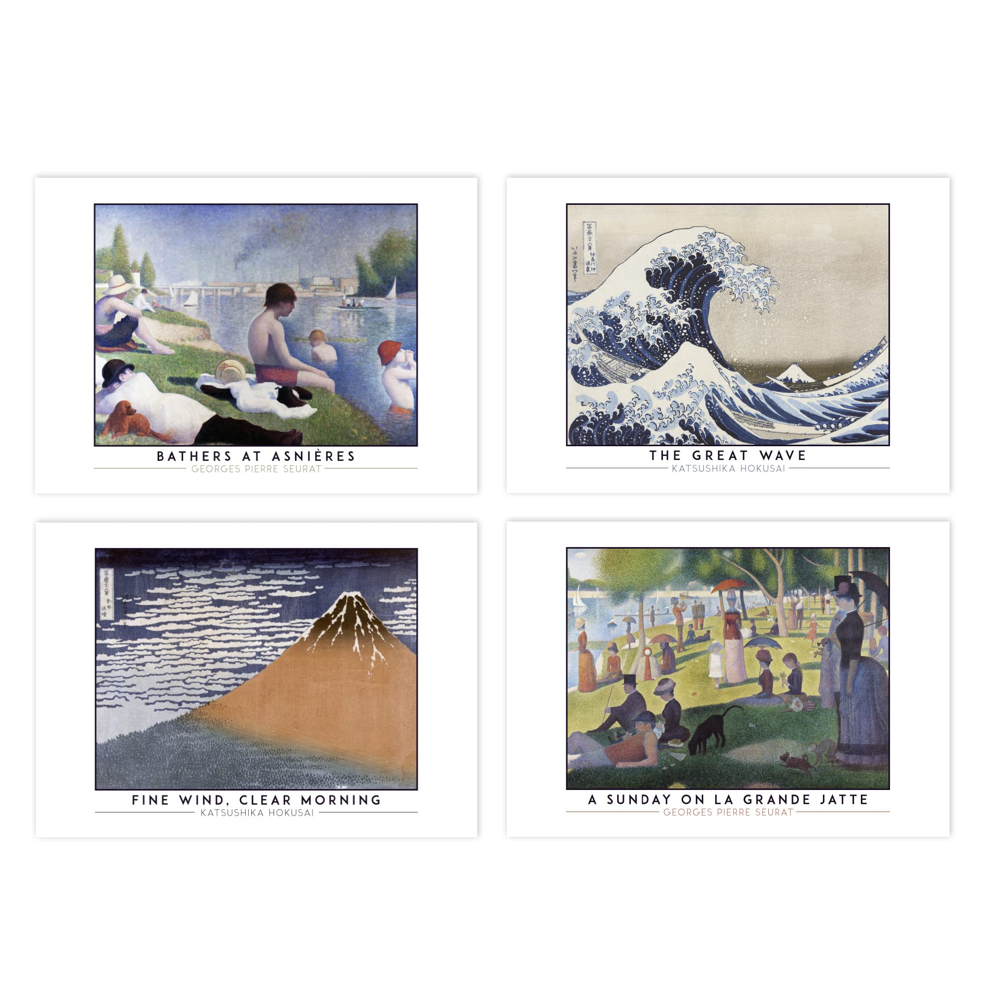 Artery8 - A4 Poster Pack of 4 - Classic Paintings Print - Seurat, Hokusai