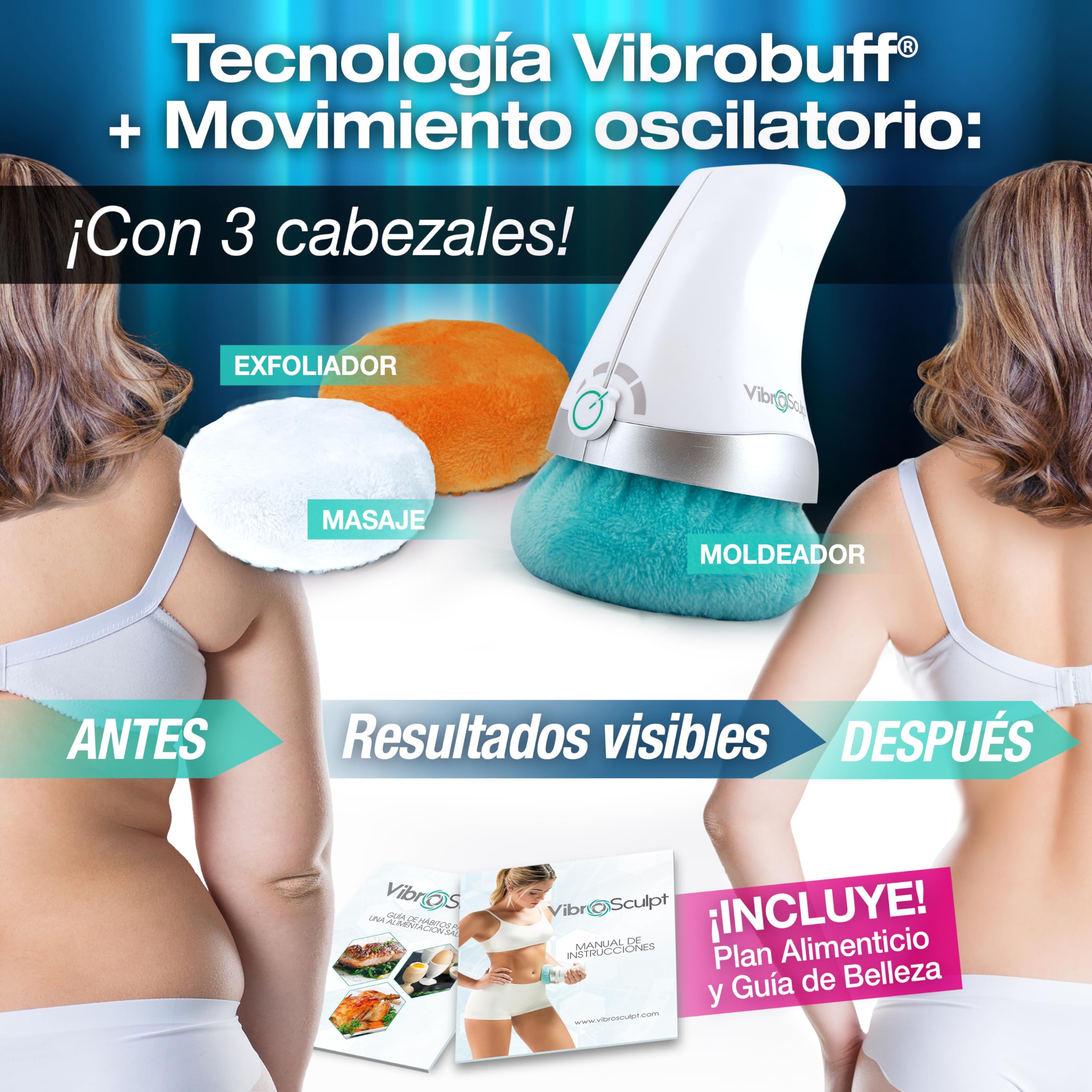 Masajeador Anticelulítico Portátil 3 en 1 Moldea, masajea y exfolia. Consigue el cuerpo que quieres sin esfuerzo ni lesiones y en casa. Fácil de usar, diseño ergonómico. Resultados visibles en semanas