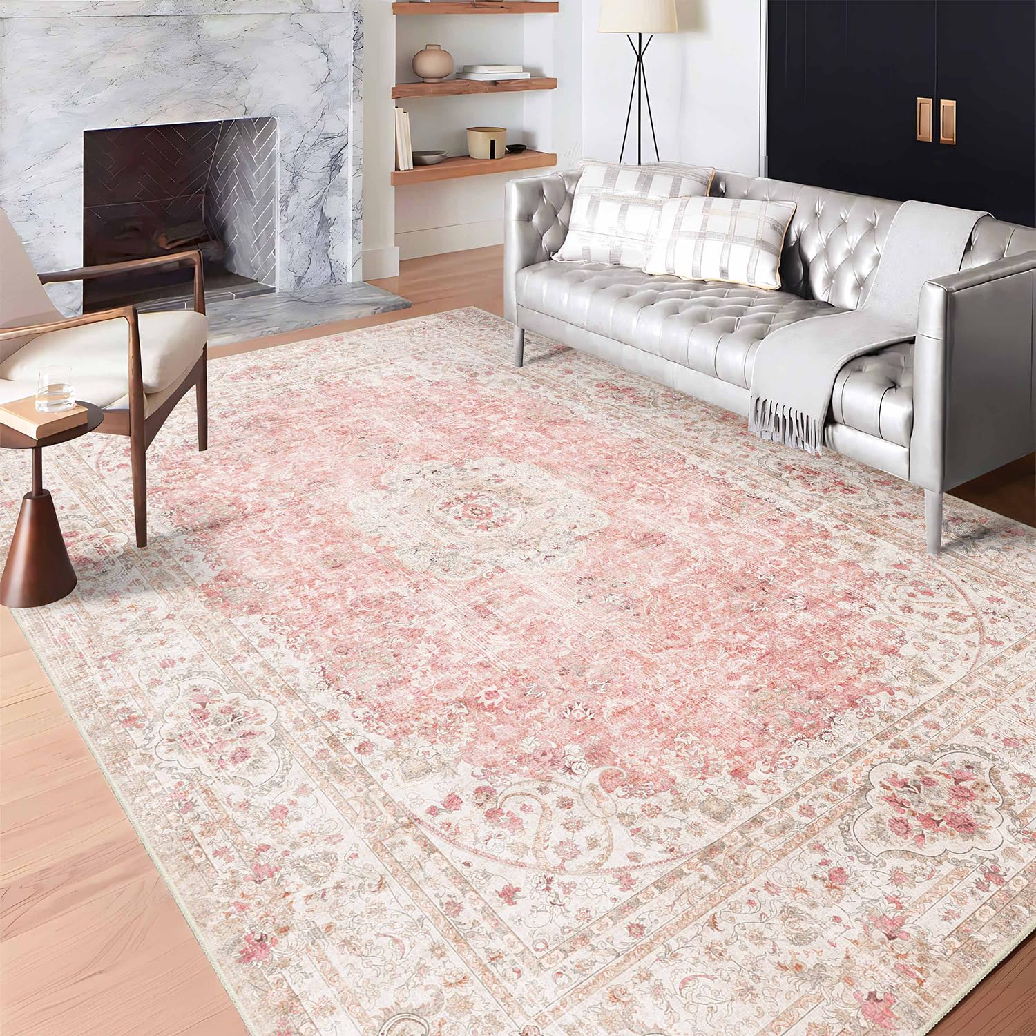 6x9 Area Rugs Washable,Pink Rug for Living Room Bedroom Kitchen,Large Boho Vintage Bohemian Distressed Carpet Non Slip,Blush