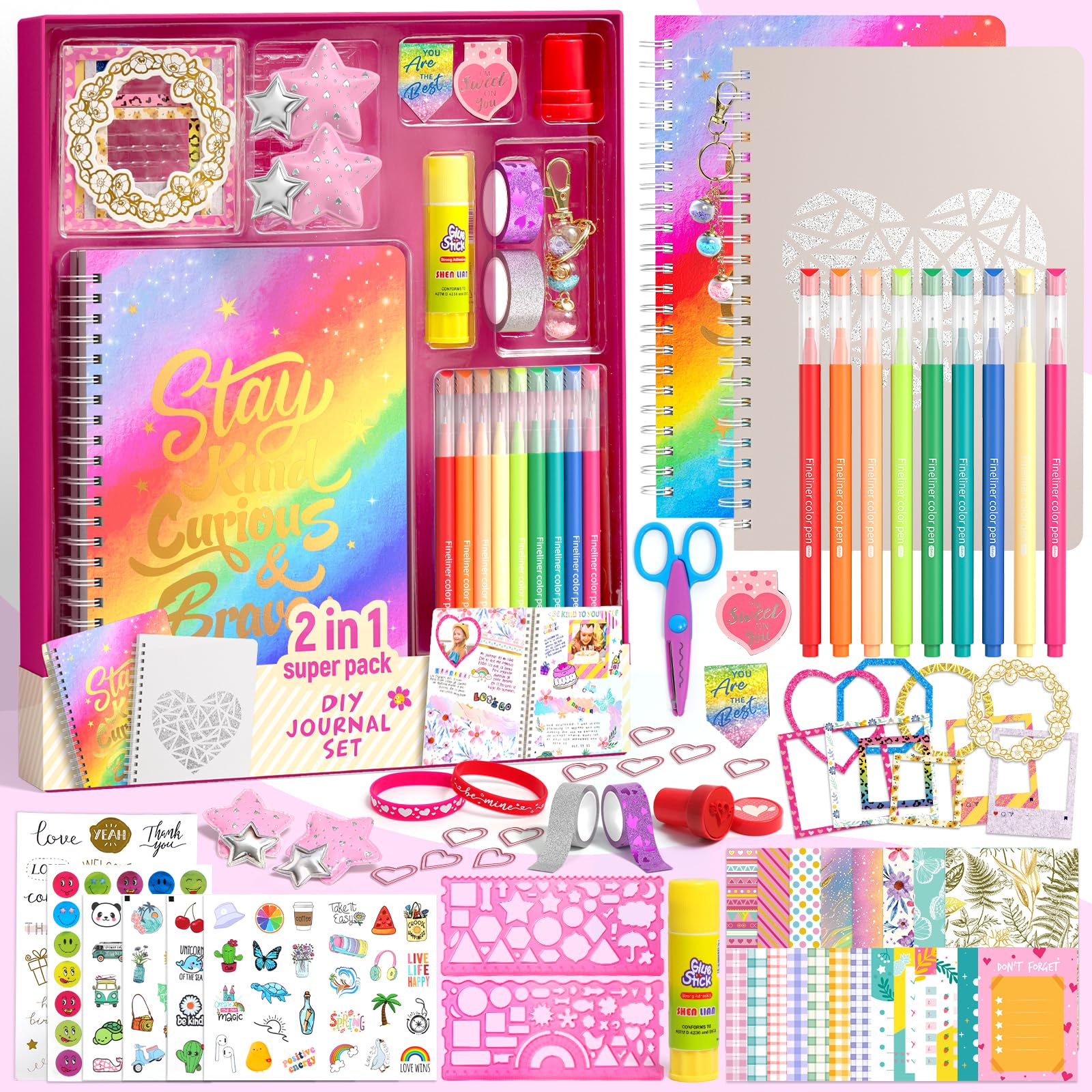 2-Pack Mega DIY Tagebuch Set Mädchen, Tagebuch Geschenk ab 8 9 10 11 12 13 14 Jahre Mädchen, Schulsachen und Scrapbook Set für Teenagermädchen, Kreative Geschenke für 8-14 Jahre Teenagermädchen