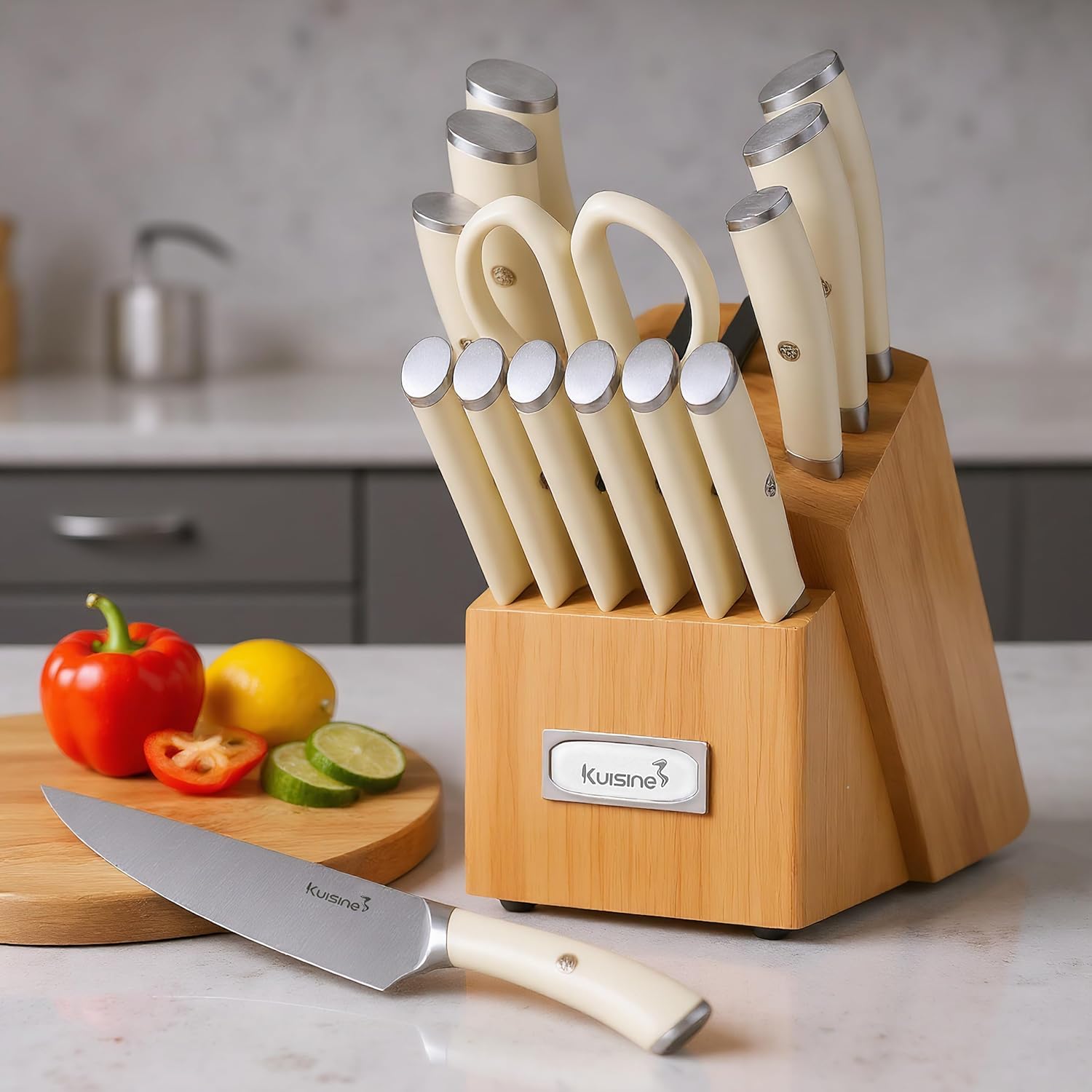 KUISINE Upgraded Knife Set High Carbon Stainless Steel Super Sharp Blade Ergonomic Rivet Handle,Knife Block Set with Built-in Sharpener(Ivory Acacia Pro,15PCS) - Image 7
