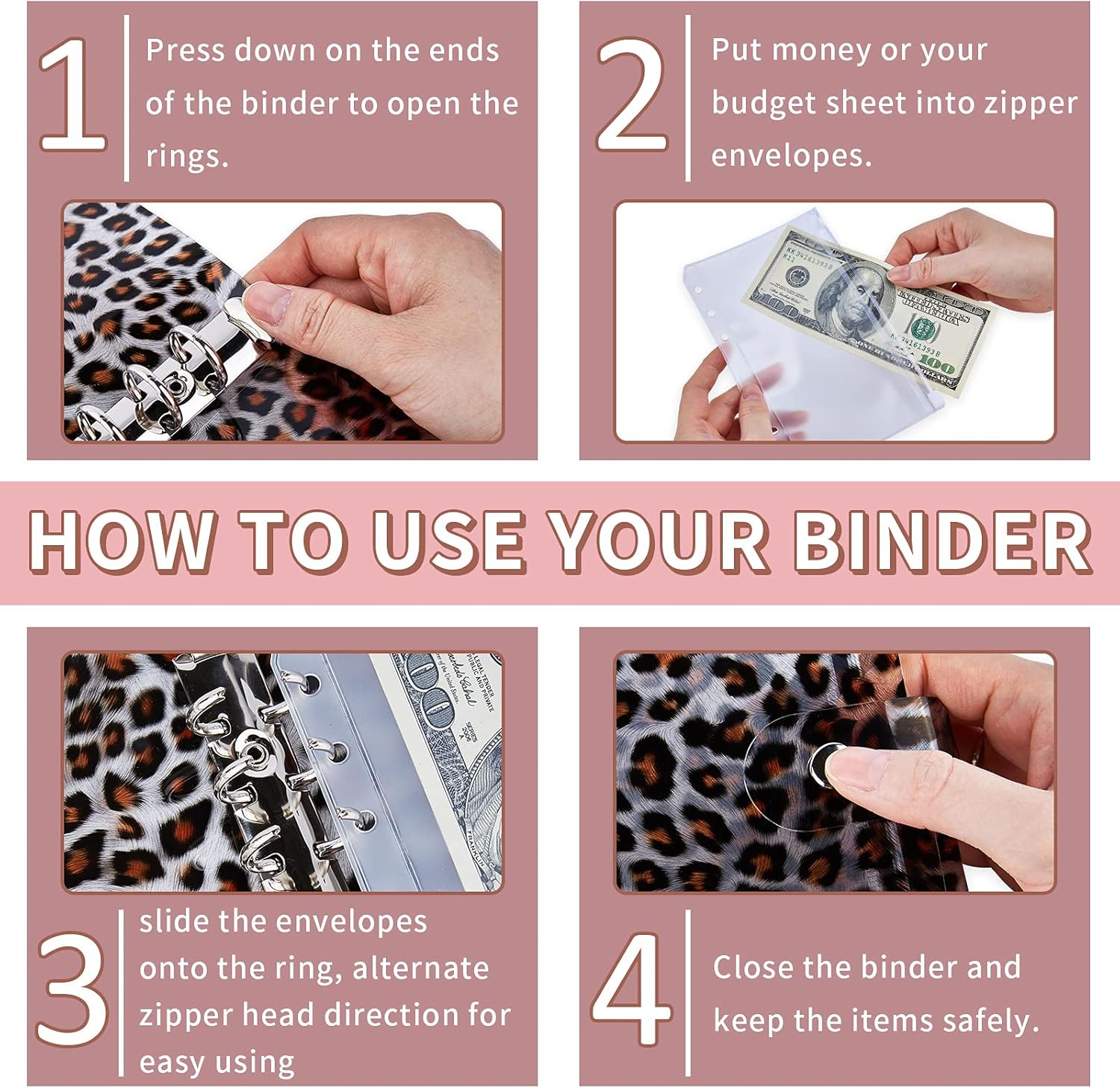 Leopard Cash-Envelope Budget Binder Organizer - Mini Binder Set with 12 Pieces A6 Zipper Pouch, Expense Tracker & 18pcs Label Stickers, Personal Portfolio Binder for Holding Cards, Cash and Coupons : Office Products