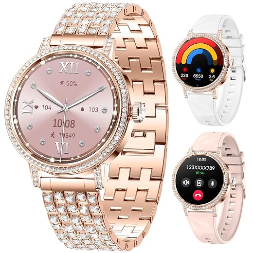 Smart Watches for Women with Diamonds, 1.27'' TFT Smartwatch with Bluetooth Answer/Make Call, Heart Rate Sleep Monitor, 100+ Sport Modes Fitness Tracker, Women’s Smart Watch for Android Phones（Gold）