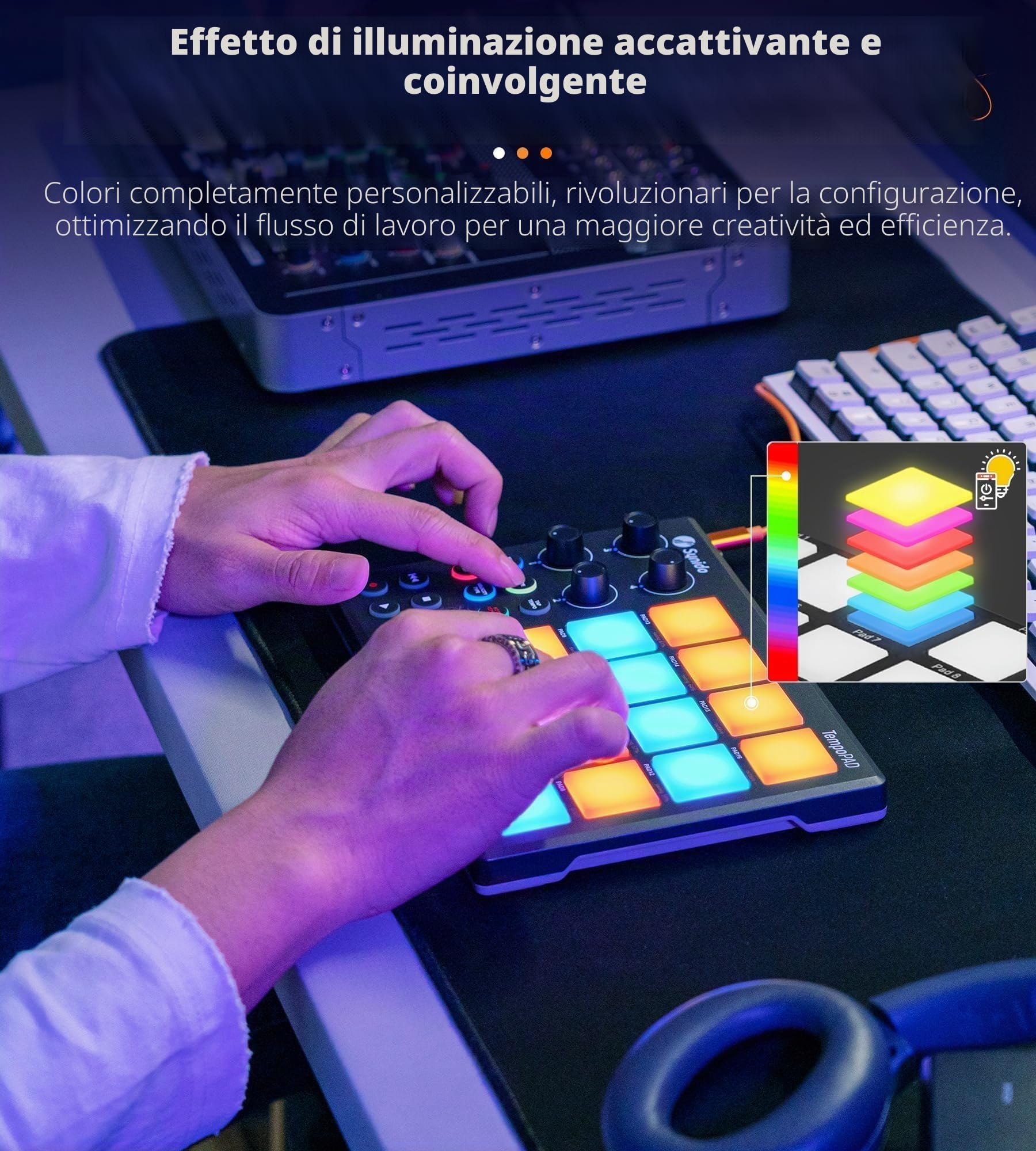 Synido TempoPAD - Dispositivo portatile per la produzione musicale, controller MIDI USB portatile per principianti con borsa da trasporto resistente, 16 beat pad retroilluminati, 4 assegnabili