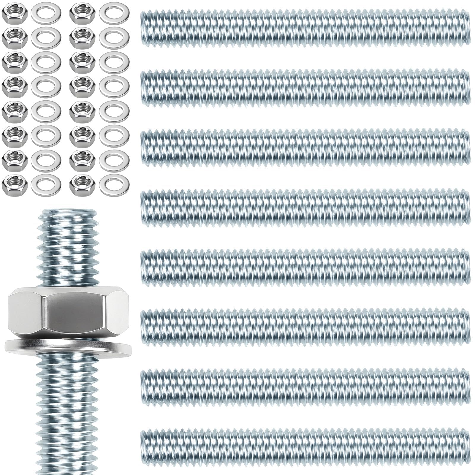 Pack of 8 Threaded Rods M12 Threaded Rods M12 x 100 mm Threaded Rod Threaded Bolts Galvanised Steel Grub Screws Blue Zinc Threaded Rods with 16 Pieces Hex Nut and 16 x Washers-image-0
