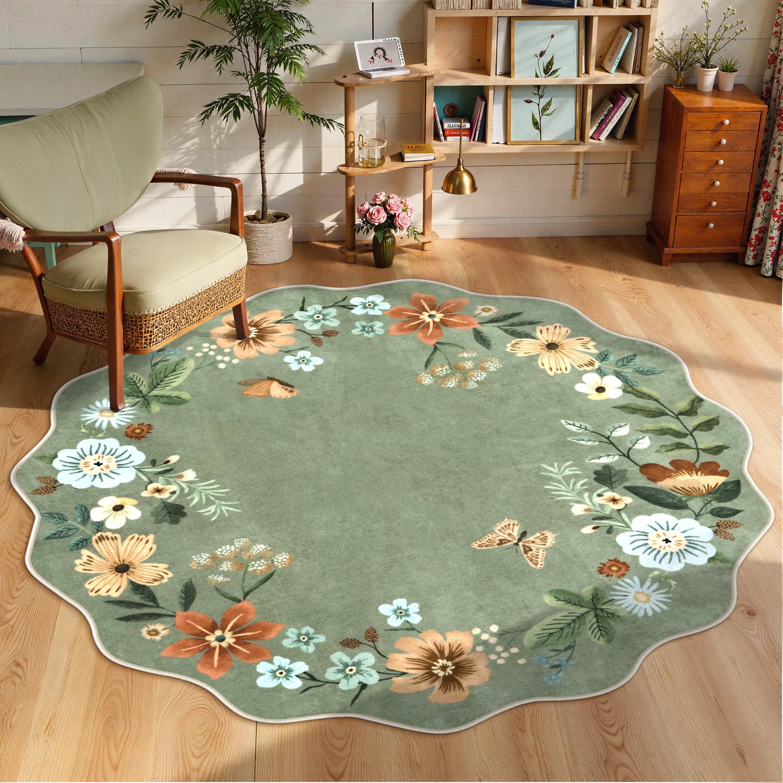 Lahome Floral Washable Round Area Rug, Soft Round Rugs 6ft Ultra-Thin Non-Slip, Boho Large Circle Carpet for Bedroom Living Room Kitchen Nursery,