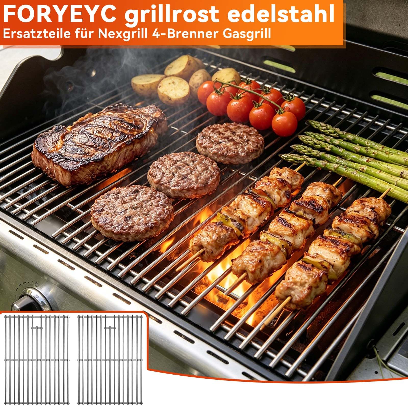 Grillrost Edelstahl 43 cm für Enders Boston Monroe PRO 4, Gasgrills Ersatz für Landmann Triton, Broil King Baron/Crown, Napoleon LEX 485, Nexgrill 4-Brenner - 7mm Massive Grillroste - 2 Stück
