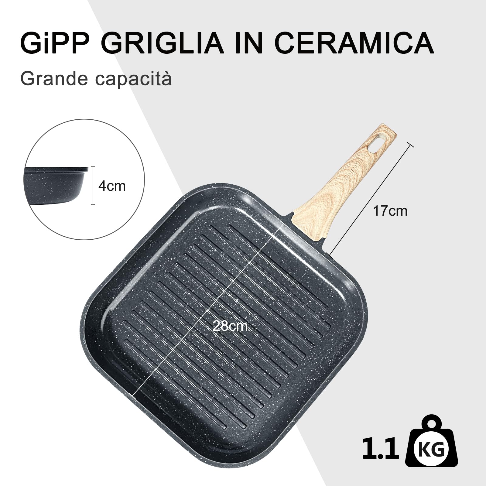 GiPP Bistecchiera 28 x 28 cm, Padella a Induzione in Alluminio Pressofuso con Rrivestimento Antiaderente in Granito, 100% Senza PFOA, Adatta per Tutti i Tipi di Fornelli (Grigio, 28cm)