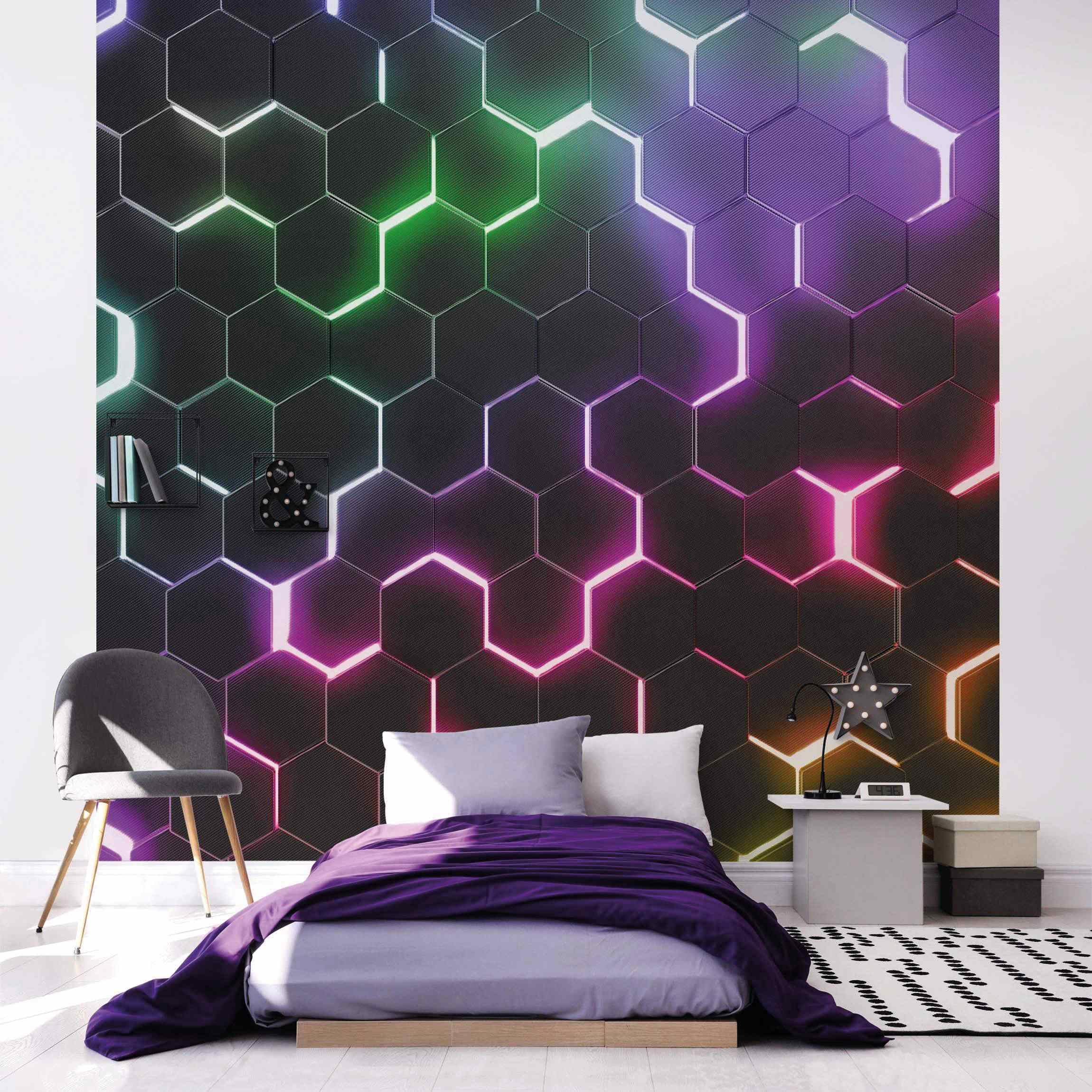 Bilderwelten Fototapete Gaming Struktur Hexagone mit Neonlicht 192 x 192 cm Vlies-Tapete XXL Smart Wandtapete Wanddekoration Wohnzimmer Schlafzimmer