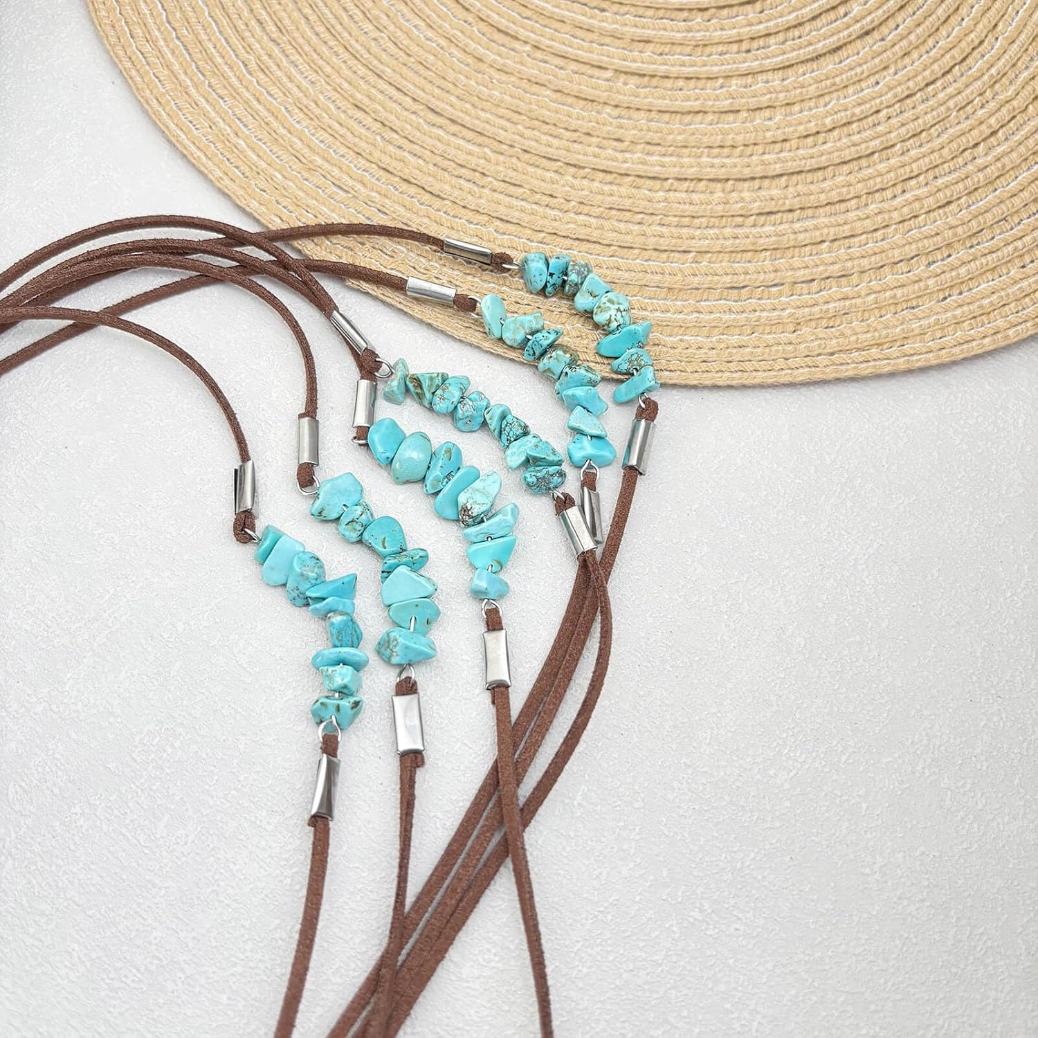 Turquoise Necklace, Vintage Lariat Necklace for Women, Boho Turquoise Choker Necklace Feather Pendant with Leather Cord, Handmade Western Style Jewelry - Image 6