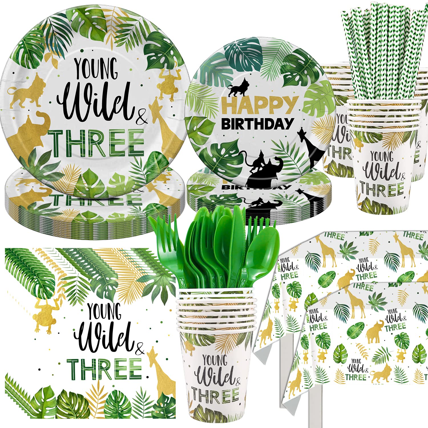 Young Wild And Three Decorations Tableware, Safari Jungle Theme 3rd Birthday Party Supplies Dinnerware Include Plates, Cup, Napkin, Cutlery, Tablecloth, For 3 Year Old Birthday Party | Serves 24