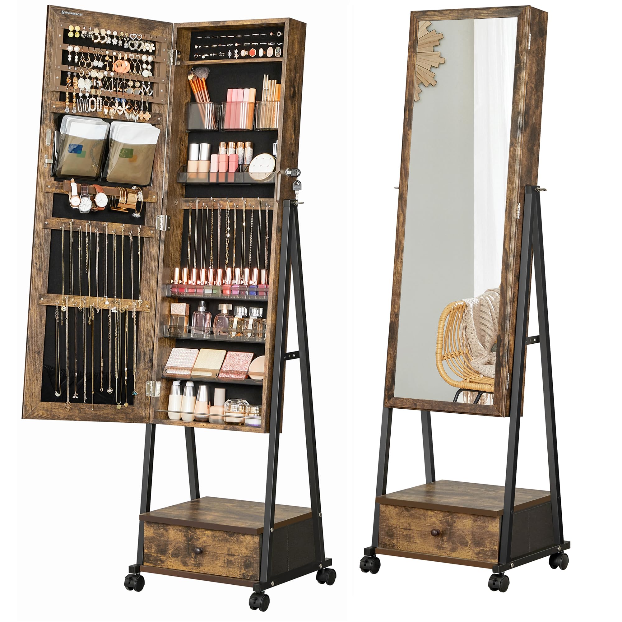 SONGMICS Standspiegel, Schmuckschrank, Ganzkörperspiegel, Spiegelschrank, abschließbarer Schmuck-Organizer mit Schublade, Rollen, Geschenkidee, vintagebraun-schwarz JJC004X01