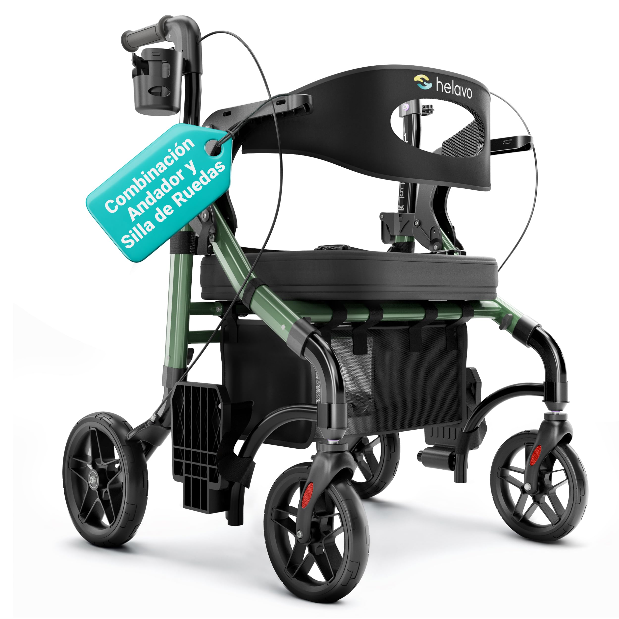 Helavo Rollator y Silla de Ruedas 2 en 1 con Ruedas Todoterreno – Andador Ligero con Función Silla de Ruedas, Plegable, Altura Ajustable, Capacidad de Carga hasta 136 kg