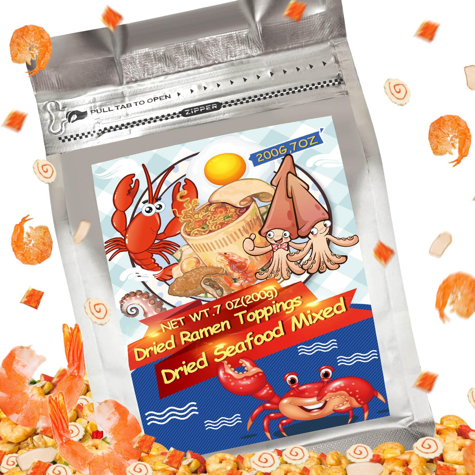Mixed Dehydrated Freeze-Dried Seafood Ramen Topping, 7 Oz Dried Dehydrated Seafood Ramen Toppings for Ramen Noodles, Soups, Cooking, Emergency Supply, Shrimp, Squid, Imitation Crab, Egg, Narutomaki