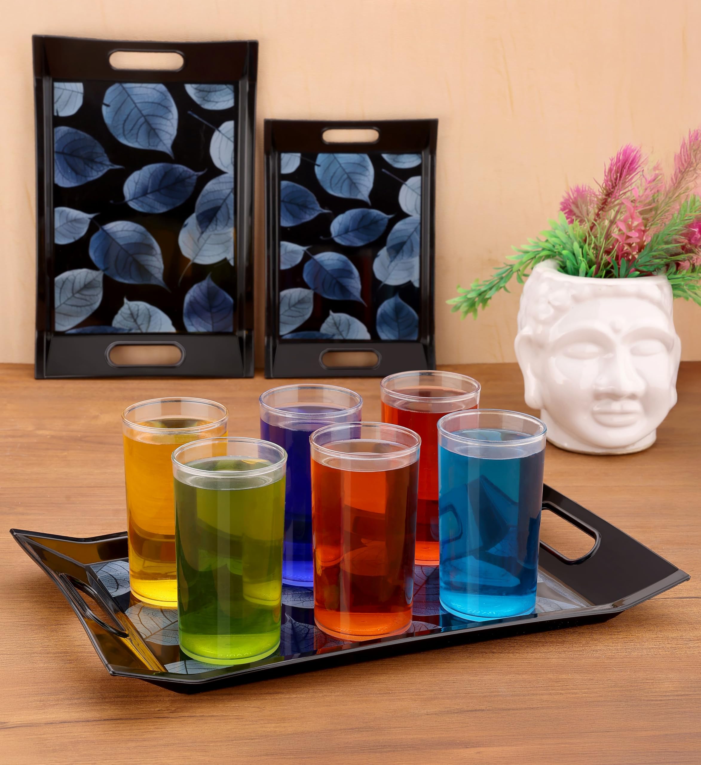 Decorative Serving Trays Set, Black with Blue Leaf Pattern, 3 Nesting Sizes — Amazon image 4