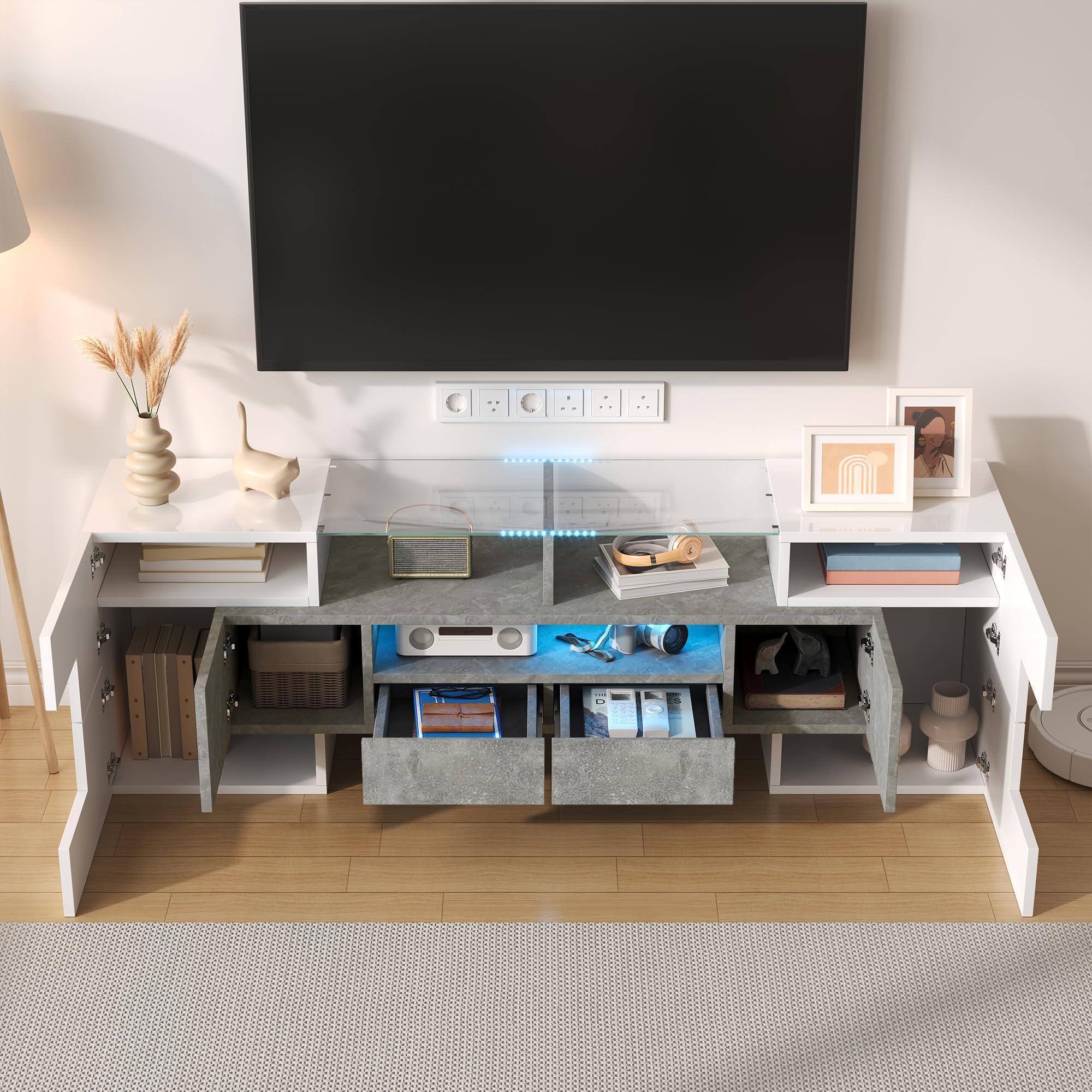 Meuble TV Long 145 cm lowboard avec Portes, tiroirs, Compartiments Ouverts, Meuble TV Surface vitrée avec éclairage LED Buffet Meuble TV pour Salon Gris