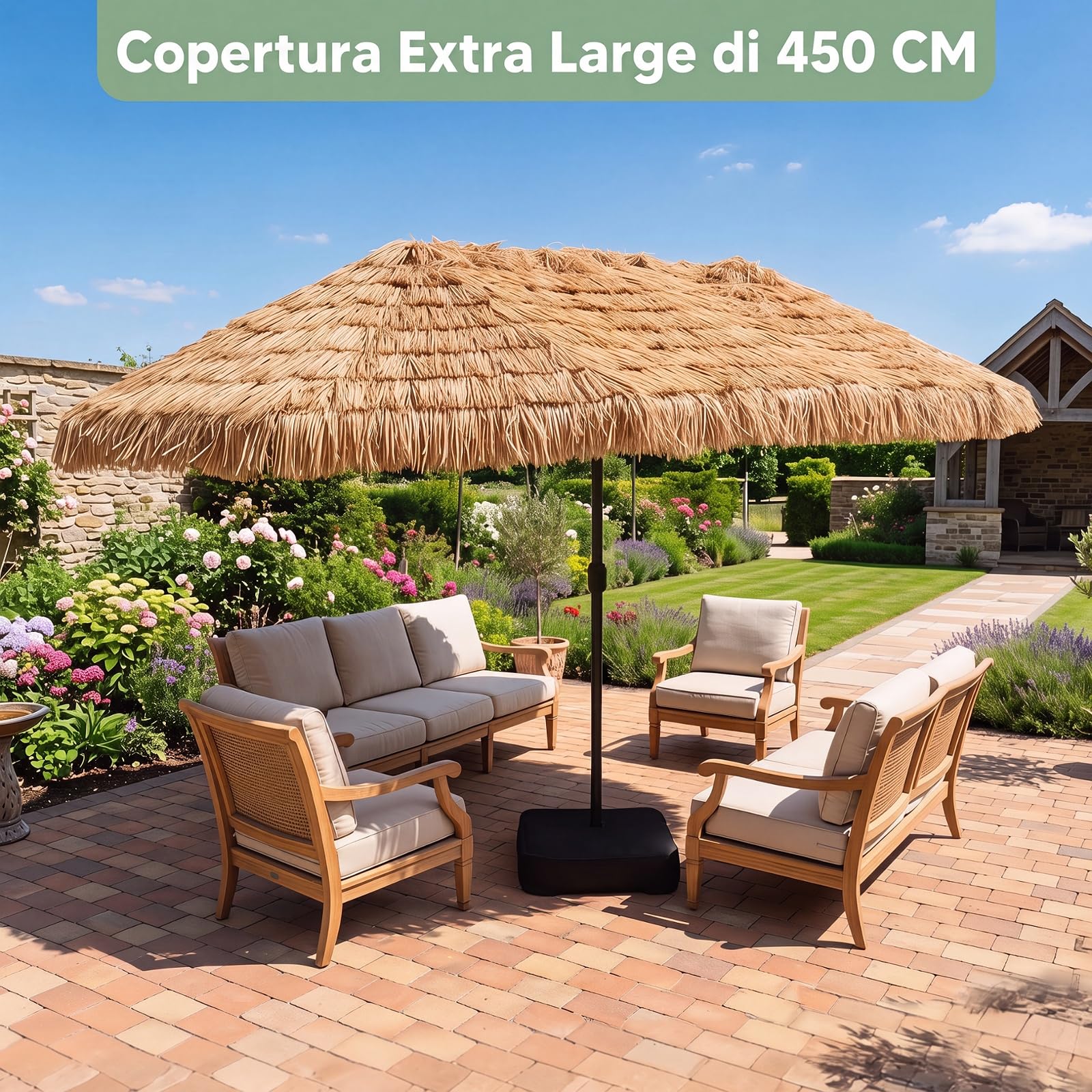 COSTWAY Ombrellone da Giardino Doppio in Paglia, 450 x 270 cm