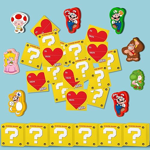 Miniatura 3 de Peabownn Tarjetas del día de San Valentín para el aula de niños, paquete de 28 cajas misteriosas de Mario con borradores perfumados para niños,