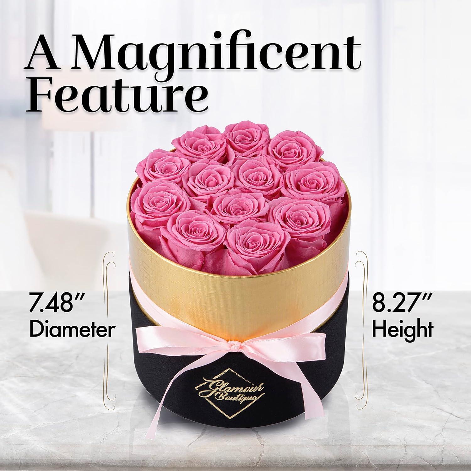 GLAMOUR BOUTIQUE Eternal Preserved Roses in a Box, Flowers Forever, Rose Forever in a Box for Wife or Her, Lasting Real Flower Gift, Elegant Luxury Floral Home Decor, 12 Roses, Pink (Color-Treated)