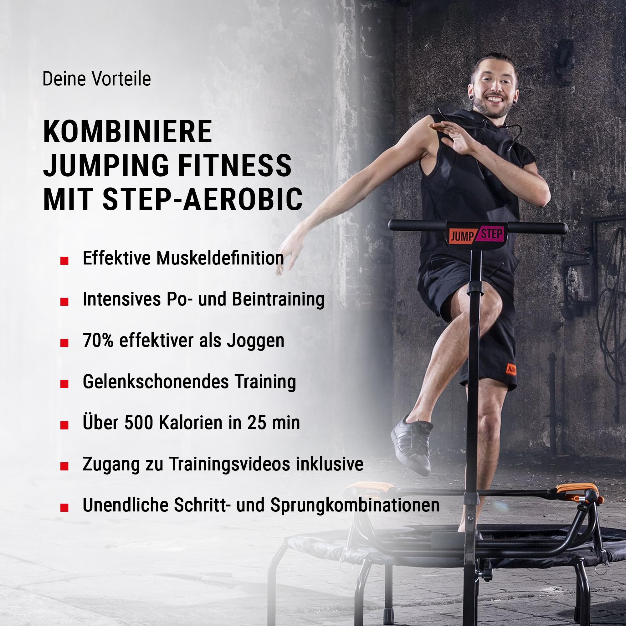HAMMER Fitness-Trampolin JumpStep, Flexibles & gelenkschonendes Step-Board, aufstellbar, intensives Po- und Beinmuskeltraining, patentierte Technik, mehrfach höhenverstellbarer Haltegriff