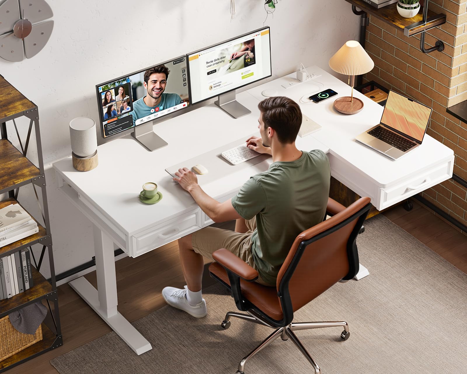 OffiGo L Shaped Electric Standing Desk with Wooden Drawers 55 Inch Height Adjustable Corner Workstation with Power Outlets — view 2