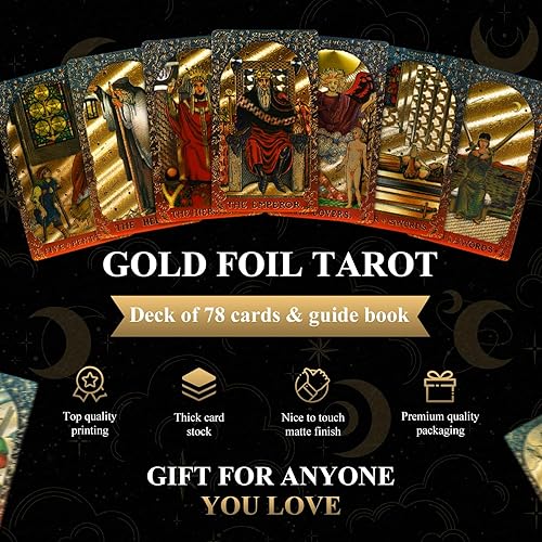 Miniatura 2 de KIINO Baraja de tarot de papel de aluminio dorado 78 con caja de regalo, diseño original Rider Waite Tarot tarjetas con libro guía, para
