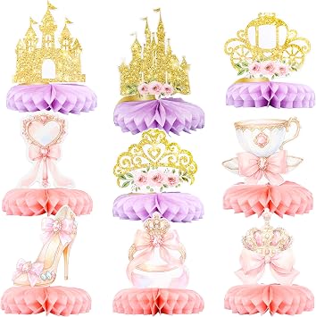 Ephlyn 9 Pack Floral Princess Party Honeycomb Centerpieces Double Sided Princess Theme Party Decorations Supplies Pink Gold Castle Crown Carriage Baby Shower Birthday Table Toppers for Girls