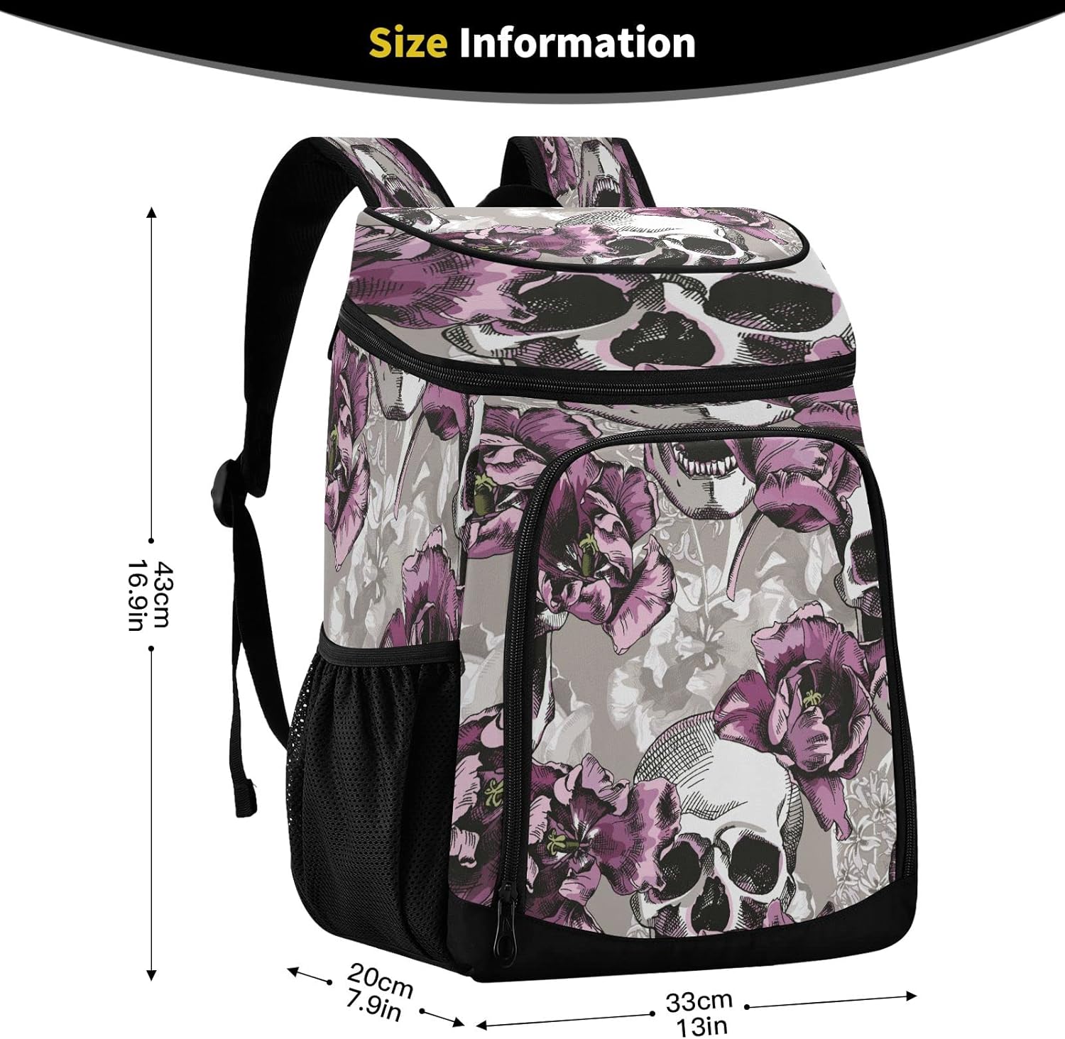 Violet Tulips Flowers and Gray Skulls Cooler Backpack Insulated Waterproof Leak Proof Beach Cooler Bag Lightweight Lunch Picnic Camping Backpack Cooler for Men and Women