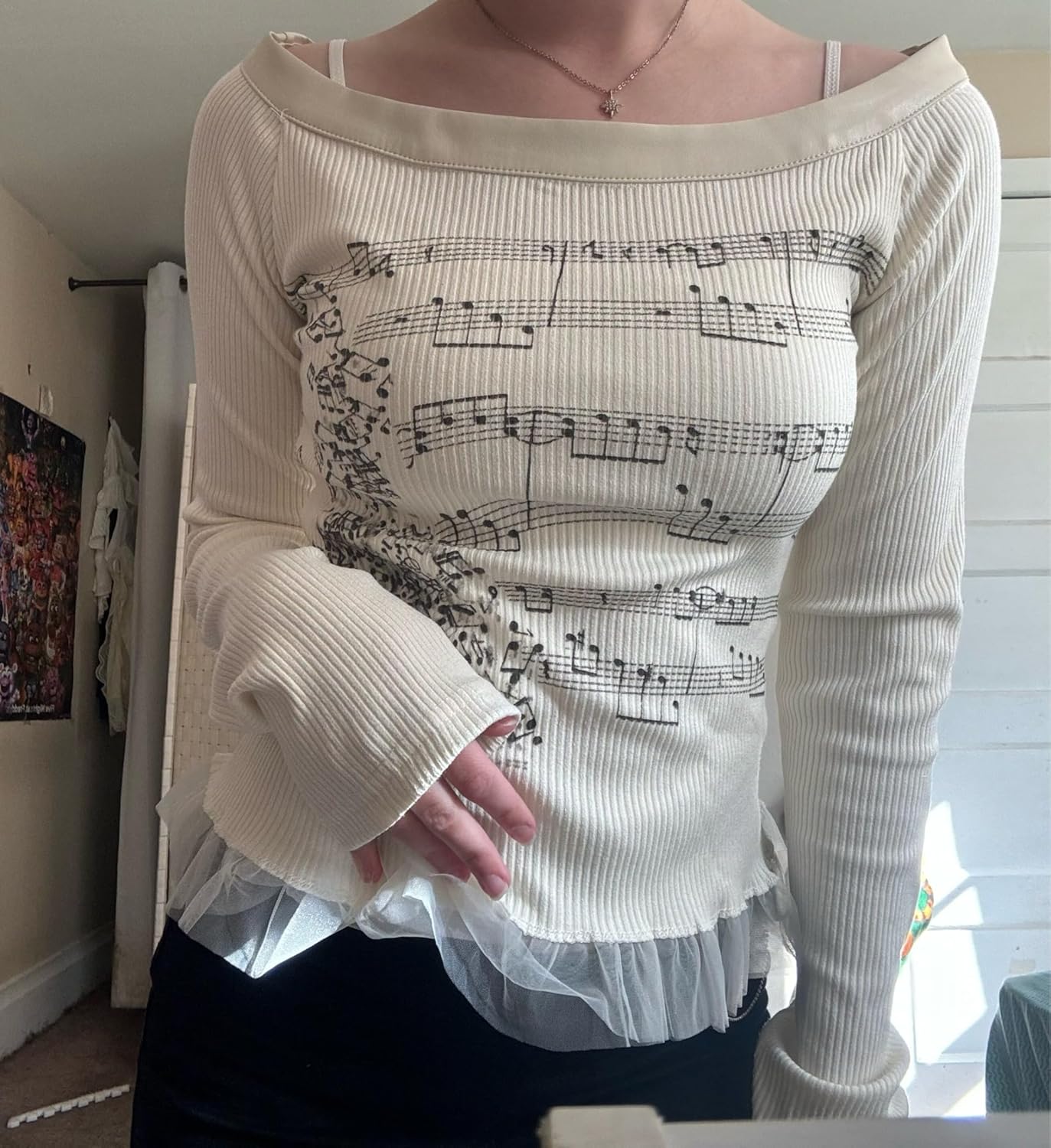 Grunge Off Shoulder Tops Women Long Sleeve Fitted 2000s Goth Emo Music Shirt Teen Girls Vintage Y2k Graphic Tee - Image 7