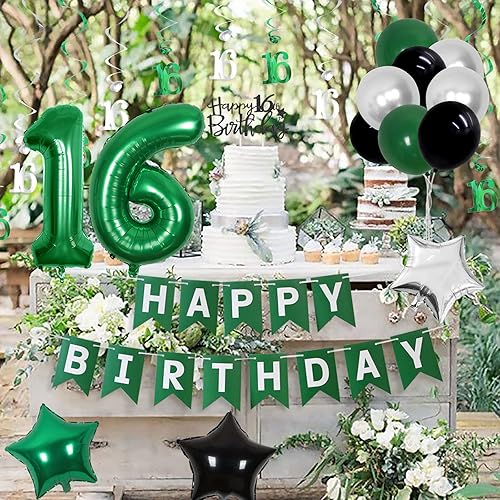 Miniatura 5 de Cheereveal Decoraciones de cumpleaños número 16 para niños, color verde, suministros de fiesta de feliz cumpleaños con espirales colgantes, pancarta