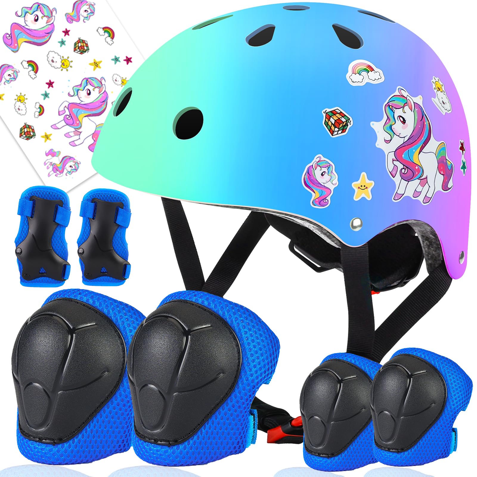 WemfgColor Gradient Adjustable Helmet Knee Pads Kids Protective Gear Set for Kids 3-8 Years Cycling Helmet with Knee Pads Elbow Pads Wrist Guards Youth Skateboard Helmet for Kids