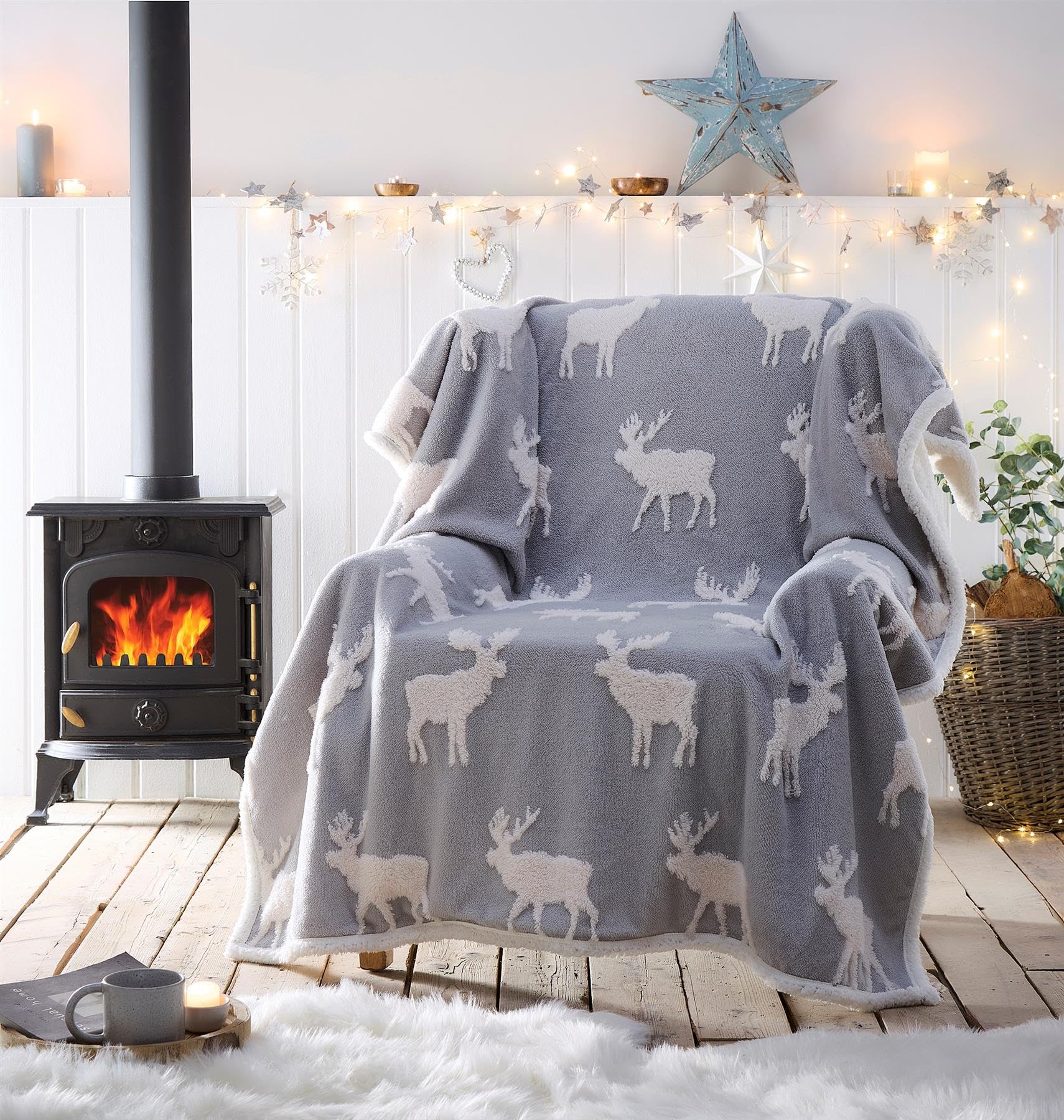 Portfolio Home Moose Sherpa Fleece Throw - Grey - 130cm x 170cm - Fleece