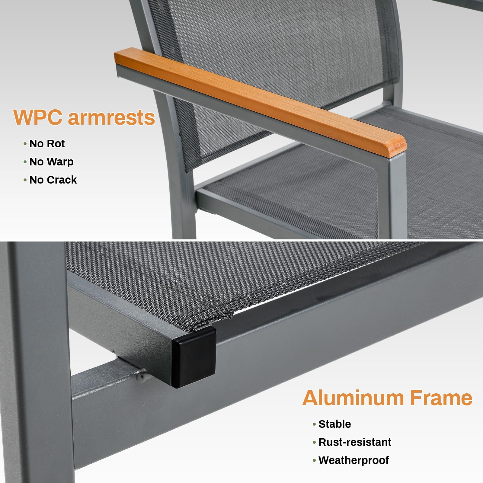 LIFERUN Krzesła ogrodowe, zestaw 4 sztuk, aluminium, możliwość układania w stos, tekstylne, poręcz WPC, krzesła balkonowe, na taras, balkon, taras, basen, do restauracji, odporne na warunki