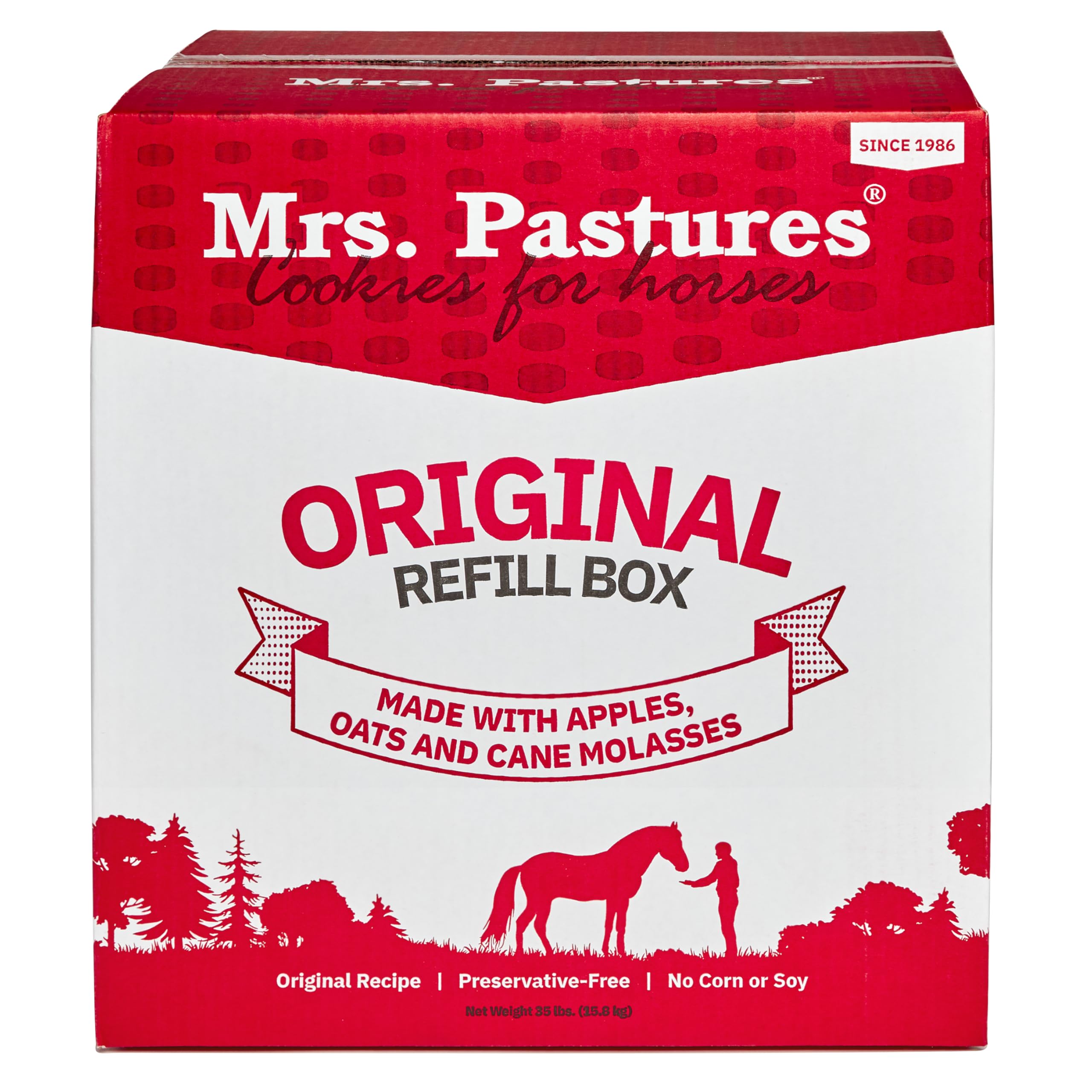 Mrs Pastures Cookies and Treats for Horses - Premium Horse Treats - Made with Apples, Oats, and Rolled Barley - Preservative Free - All Natural Ingredients - No Corn or Soy (35lb Refill Box)