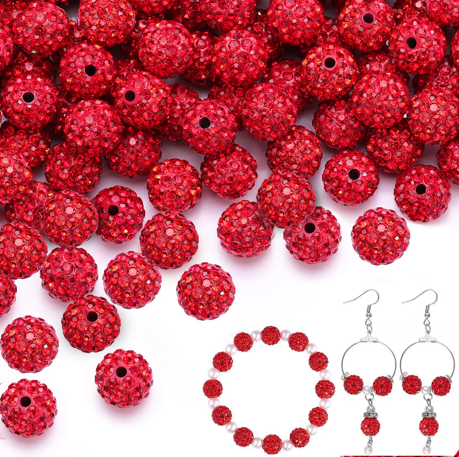 Photo 1 of 100 pcs 10mm Rhinestone Beads for Jewelry Making, Red Shiny Round Shamballa Disco Beads Bulk, Sparkle Crystal Clay Christmas for Bracelet Baseball Necklace Earring Crafting and DIY