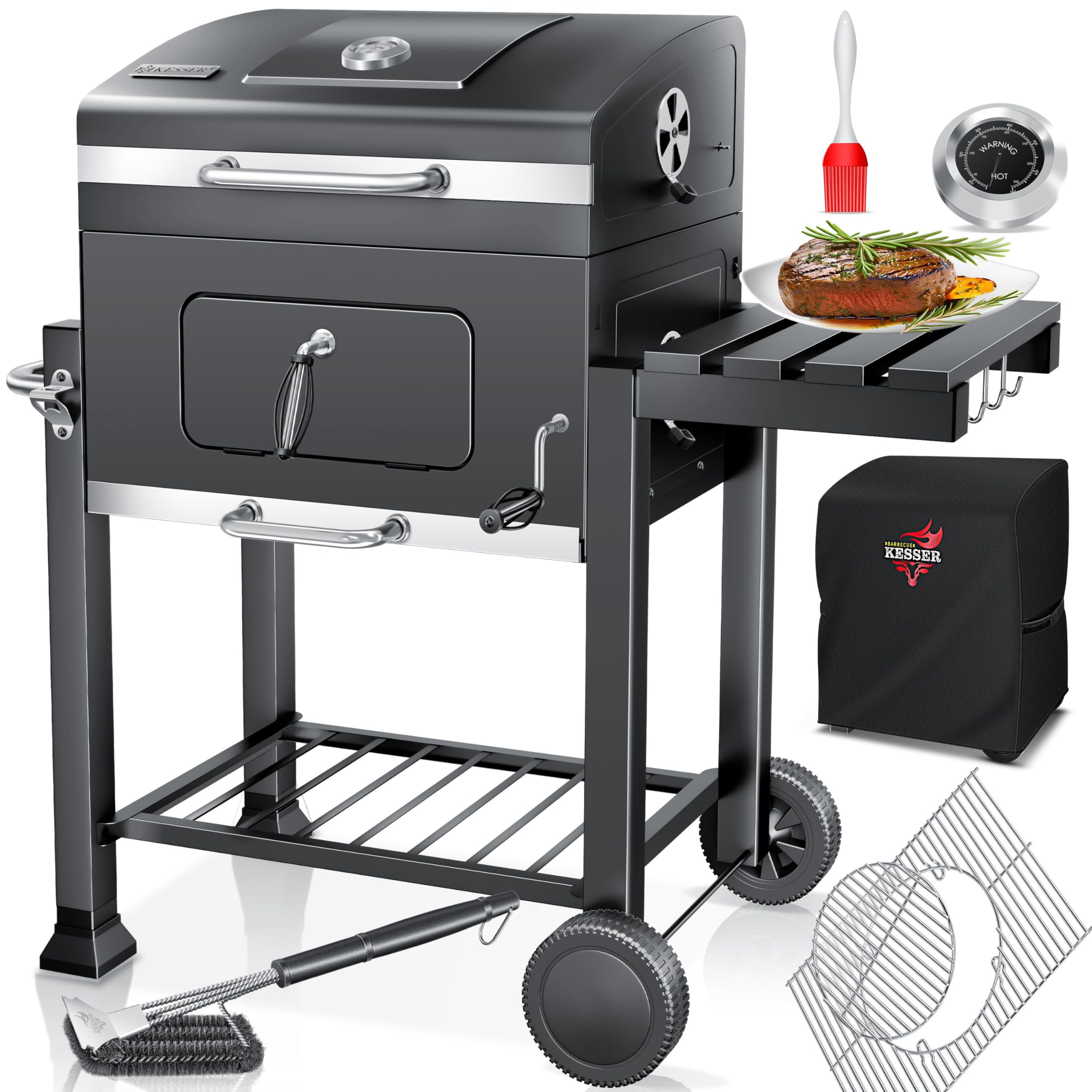 KESSER® Holzkohlegrill XL Grillwagen Set mit Deckel & Thermometer – BBQ Kohlegrill Wagen, Smoker Grill, Standgrill mit Grillrost, Rädern, Warmhalterost & Ablage inkl. Haube, Bürste & Pinsel