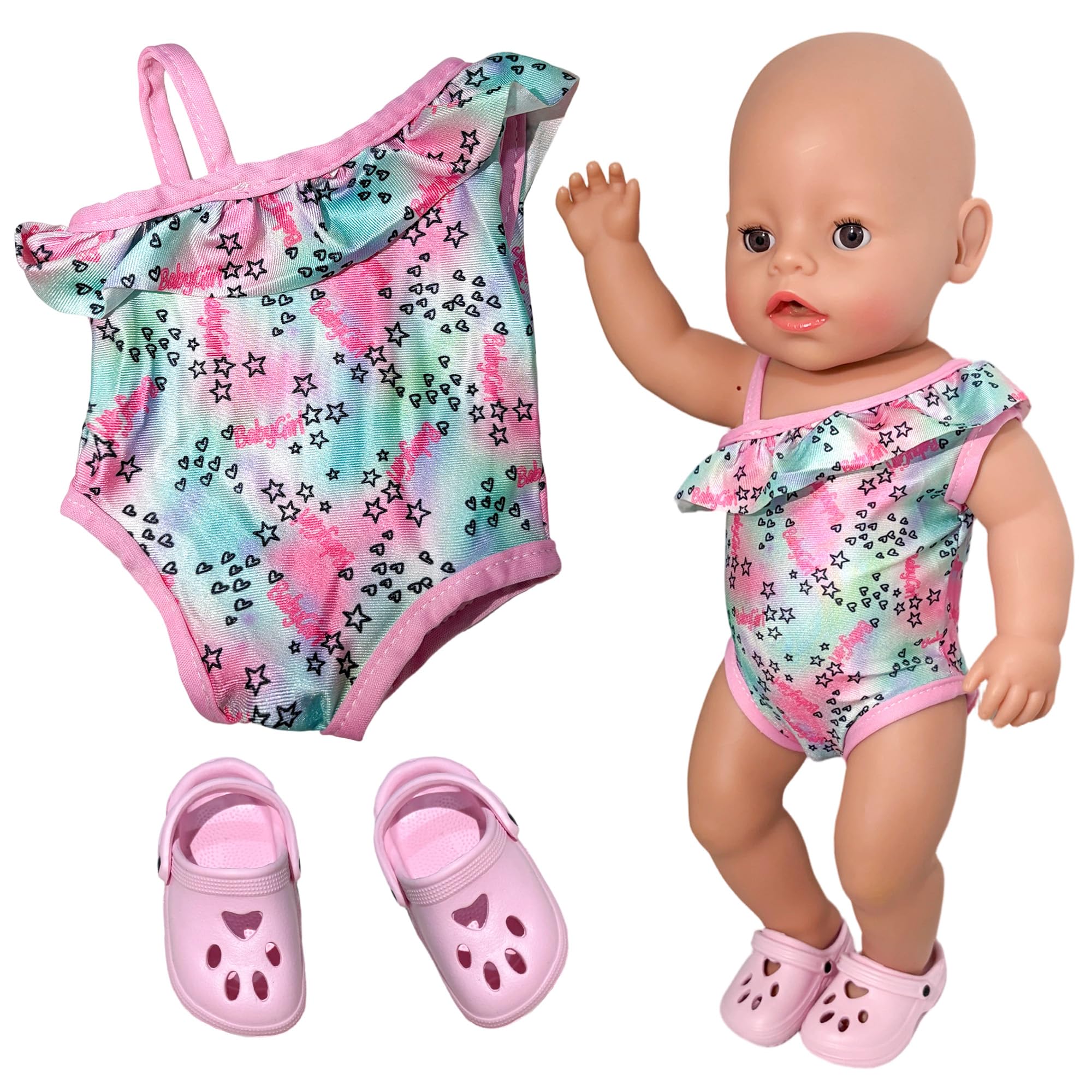 14-18 Inch Pink Baby Doll Swimsuits, Swimming Baby Doll Clothes Sloping Shoulders Star Swimsuit with Slippers for 35–45 cm New Born Baby Dolls Birthday Gift