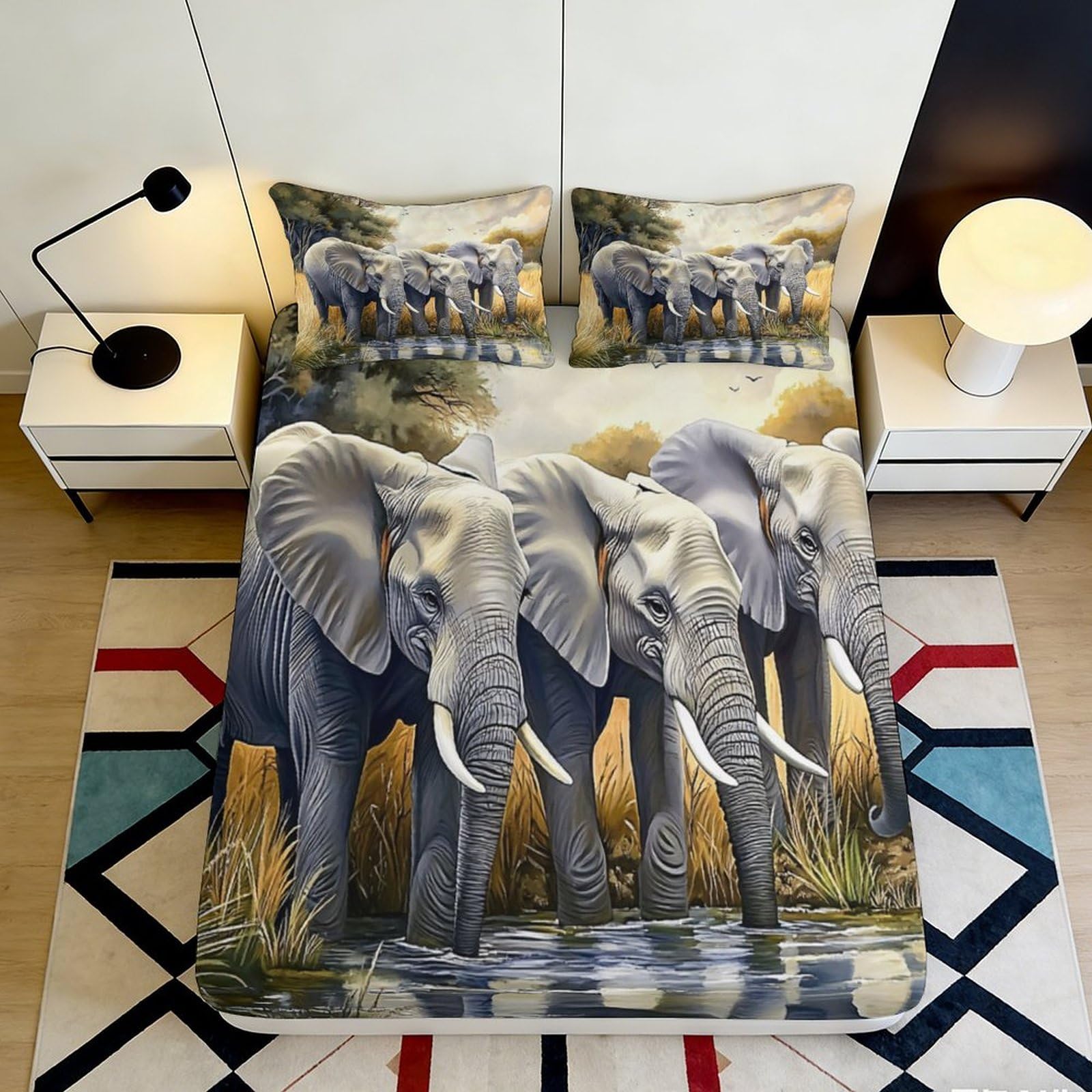 Uxinyoume Style-10 3D Printed Elephant Herd Fitted Sheet Microfiber Anti-Slip Bed Cover Water Reflection Pattern Bedroom Decor 90X200x25cm