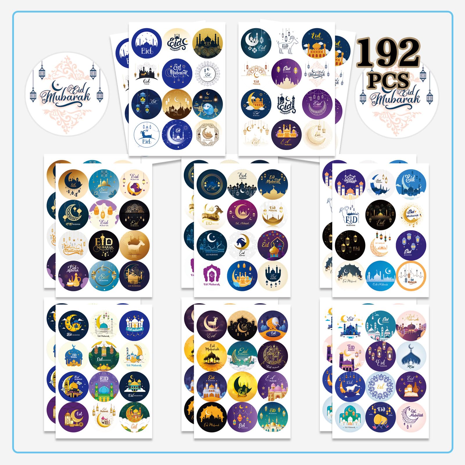 Ramadan Kareem Stickers - 192PCS Eid Mubarak Gift Tag Stickers for Kids, Mubarak Sticker Round Labels for Eid Al Fitr & Eid Al Adha Festival, Eid Party Ramadan Supplies Decorations