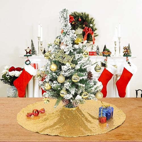 Miniatura 2 de Falda dorada para árbol de Navidad de 24 pulgadas, minifaldas de árbol de Navidad con lentejuelas y purpurina, tapetes de tela para decoración del