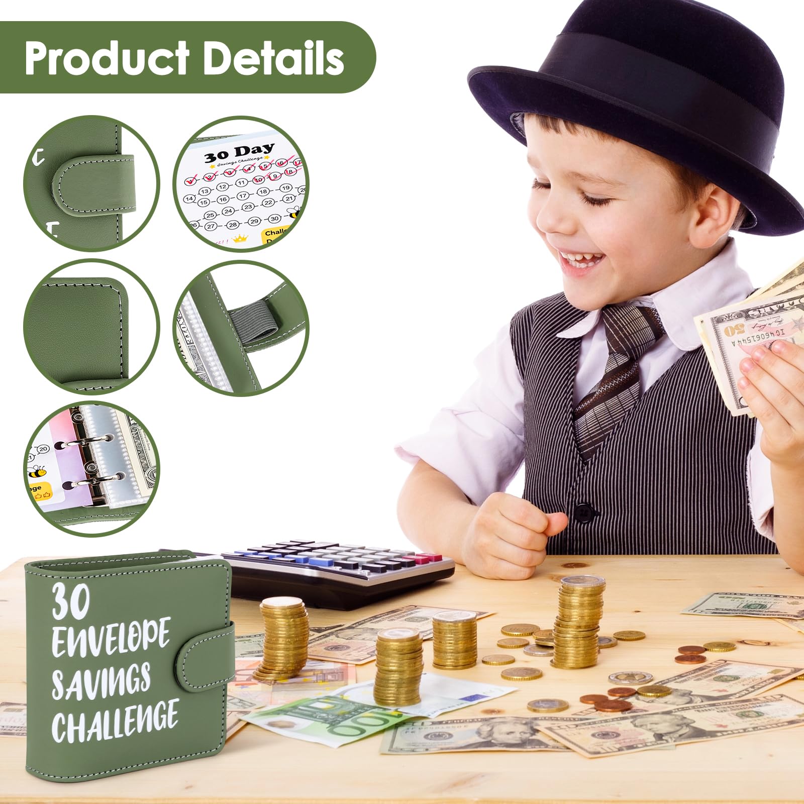 Sparbuch für Geld, 30 Tage Envelope Saving Challenge Geld Sparen Mappe mit 30 Geldumschlägen A8 Kinder Sparchallenge Budgetplaner, Geldspar Budgetordner für Kinder zum Sparen Erziehen, Grün