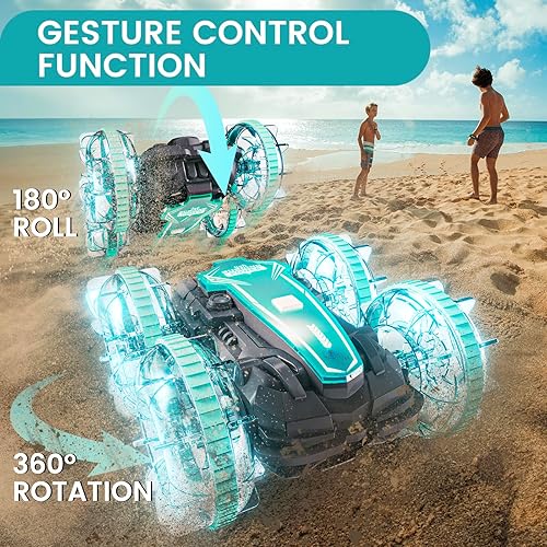 Miniatura 4 de Tecnock Coche de Control Remoto Anfibio, Coche RC de 4WD con Gestos con Control Remoto Impermeable, Coche RC de Acrobacias con Luces LED, Juguetes