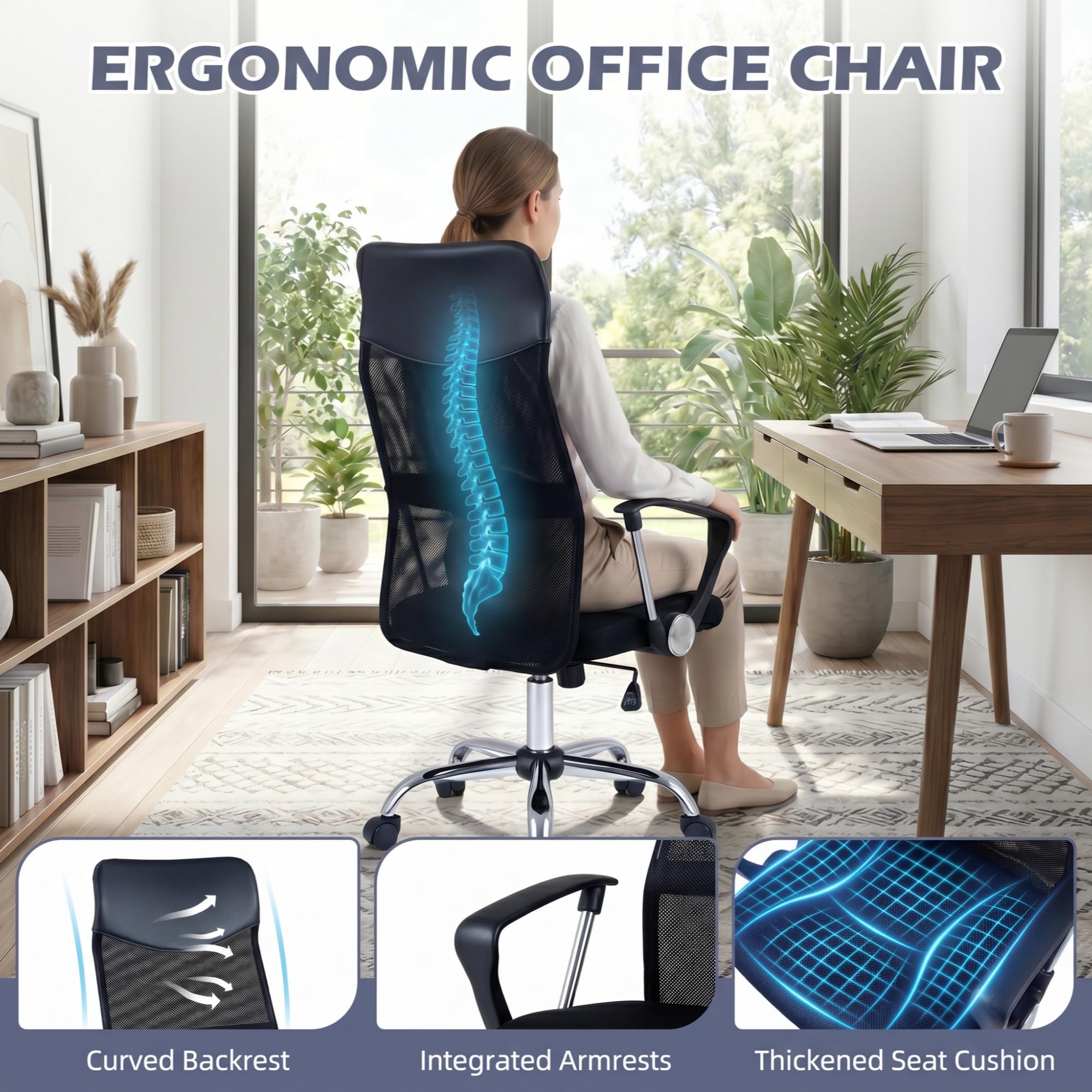 KOMFOTTEU Sedia da Ufficio Ergonomica con Ruote, Altezza Regolabile, 150kg | Poltrona Scrivania Girevole in Rete, Oscillazione, con Cuscino Imbottito, Braccioli e Schienale, per Studio e Lavoro