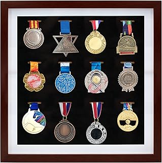 16x16 Inch Medal Display Shadow Box Frame, 12 Medals Display Case, 3D Wooden Medal Box Frame for Runners Marathon Triathlo...